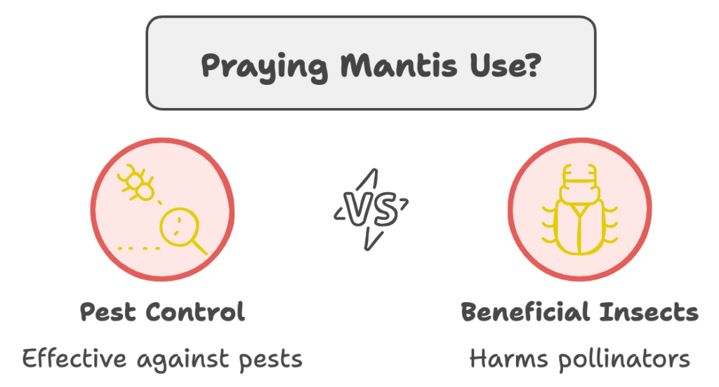 A graphic weighing the use of praying mantises for pest control notes that while they are effective against pests, including eating earwigs, they can also harm pollinators. omahagardener.com