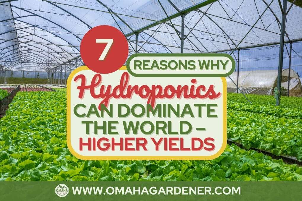 An indoor hydroponic farm with rows of leafy greens. Text overlay reads: "7 Reasons Why Hydroponics Can Dominate the World – Higher Yields" with a website URL omahagardener.com at the bottom. omahagardener.com