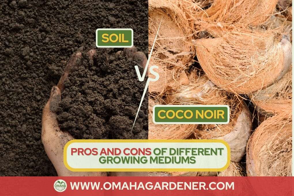 A comparison image showing a hand holding soil on the left and coconut husks labeled as Coco Noir on the right, with text highlighting the pros and cons of different growing mediums, emphasizing Coco vs Soil. omahagardener.com