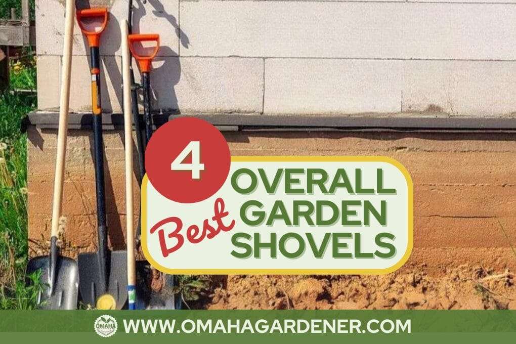 Four garden shovels propped against a wall next to a sign that reads "4 Best Overall Garden Shovels" and includes the URL www.omahagardener.com. Featured among them is a sturdy fiberglass shovel, ideal for all your gardening needs. omahagardener.com