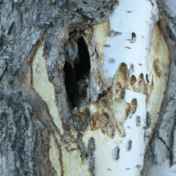 A hole in the bark of a birch tree.