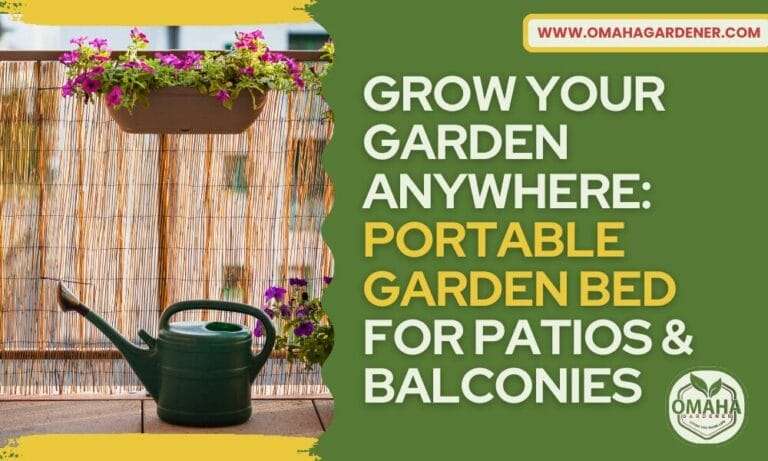 A green watering can on a patio near a portable garden bed.