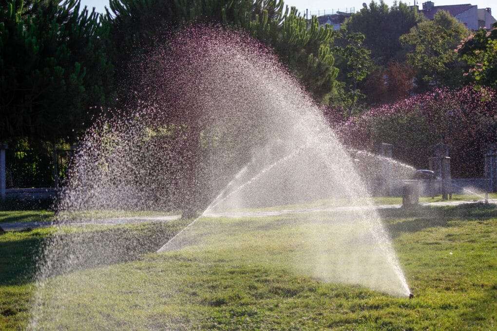 A sprinkler is spraying water on a grassy area.