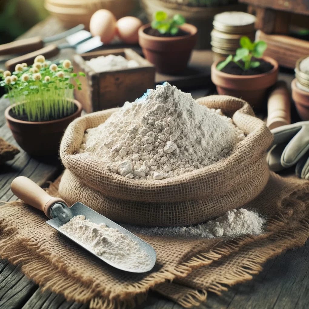 A bag of fertilizer for carrots and gardening tools on a wooden table.
