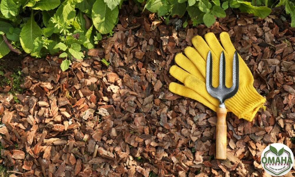 A pair of gardening gloves and a fork resting on a pile of leaves, ideal for working with organic matter.