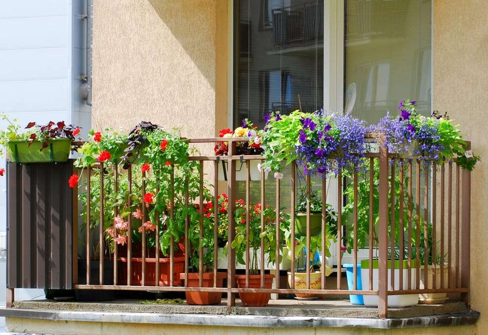 A metal railing surrounding a portable garden bed on a balcony.