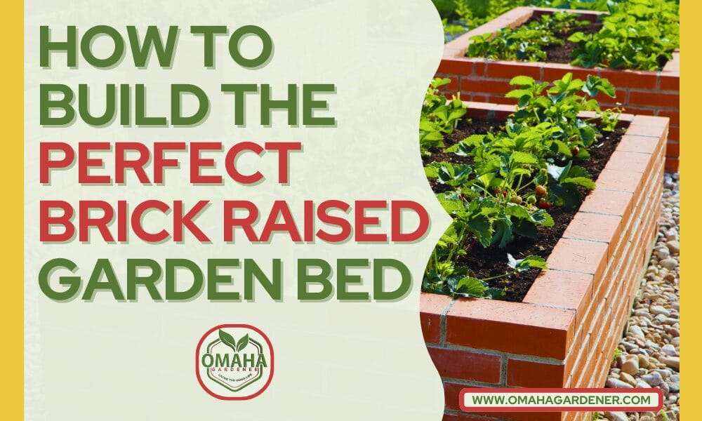 Informative banner for building a brick raised garden bed with a website link.