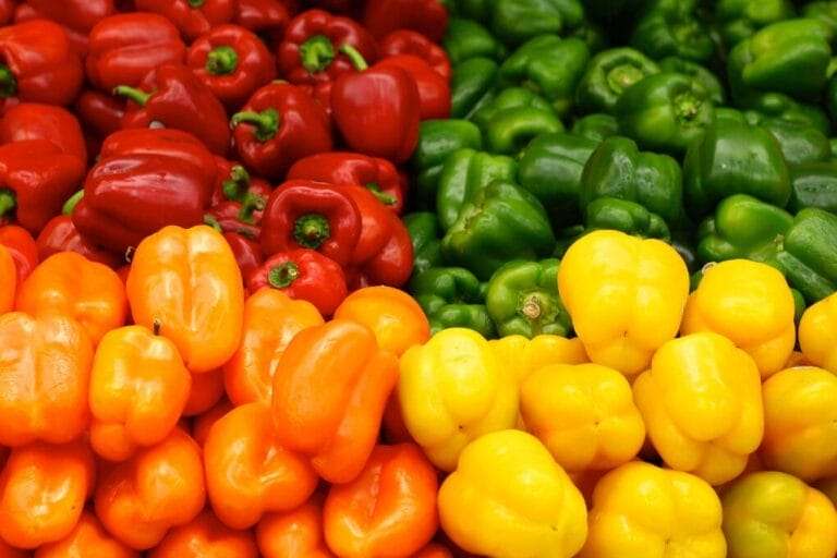 A variety of bell peppers displayed in a market, arranged by color: red on top left, green on top right, orange in the middle left, and yellow at the bottom right. It's inspiring to see what can come from nurturing a bell pepper plant from seeds to such vibrant produce. omahagardener.com