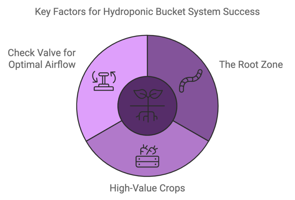 Infographic illustrating three key factors for hydroponics bucket system success: check valve for optimal airflow, air stones in the root zone, and high-value crops. omahagardener.com