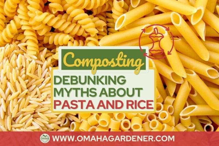Graphic about composting myths concerning pasta, mustard greens, and rice, featuring a background of assorted pasta with a label and website link. omahagardener.com