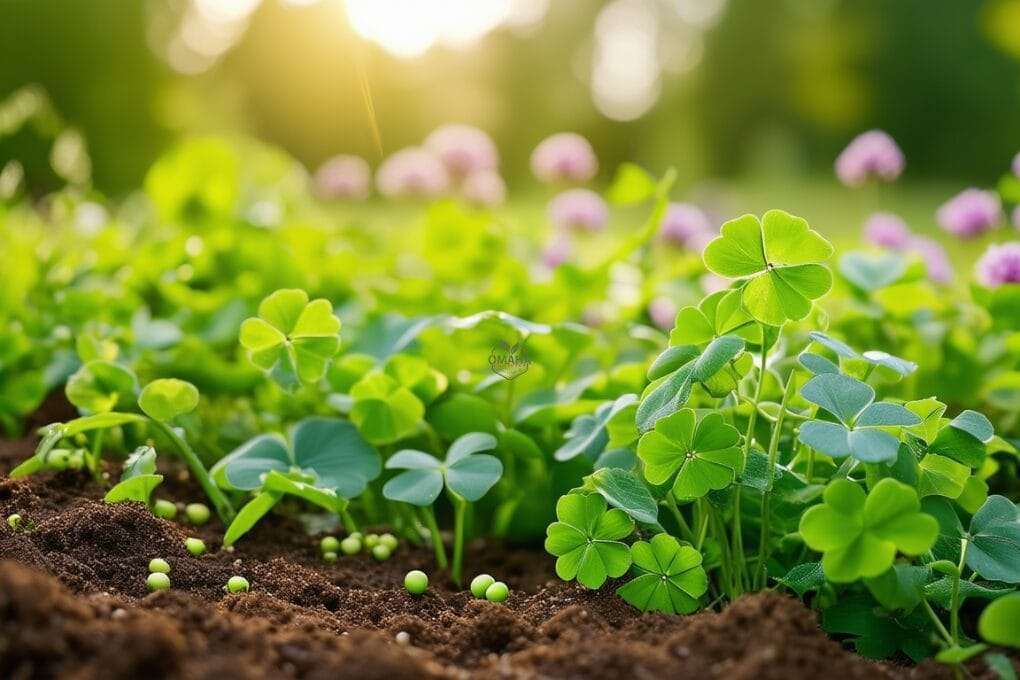 Close-up of green clover plants growing in rich soil, with sunlight filtering through trees in the background, showcasing effective companion planting to improve soil. omahagardener.com