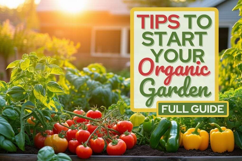 A garden bed with various vegetables including tomatoes and bell peppers. Text overlay reads "Tips to Start Your Organic Garden - Full Guide. omahagardener.com