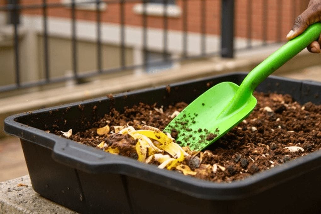 Urban Composting: Small-Space Solutions for Eco-Friendly Living 1 A person uses a green trowel to mix food scraps and soil in a black container, practicing urban composting on an outdoor patio—an ideal small-space solution for eco-friendly living. omahagardener.com