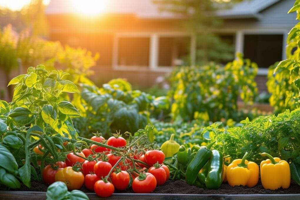 A garden bed filled with freshly harvested vegetables including tomatoes, bell peppers, and herbs, with a house and sunlight in the background. omahagardener.com