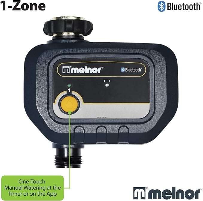 Melnor Water Timer Review: Bluetooth Control for Your Garden 2 A Melnor Bluetooth-enabled 1-zone garden water timer with a yellow button for one-touch manual watering. omahagardener.com