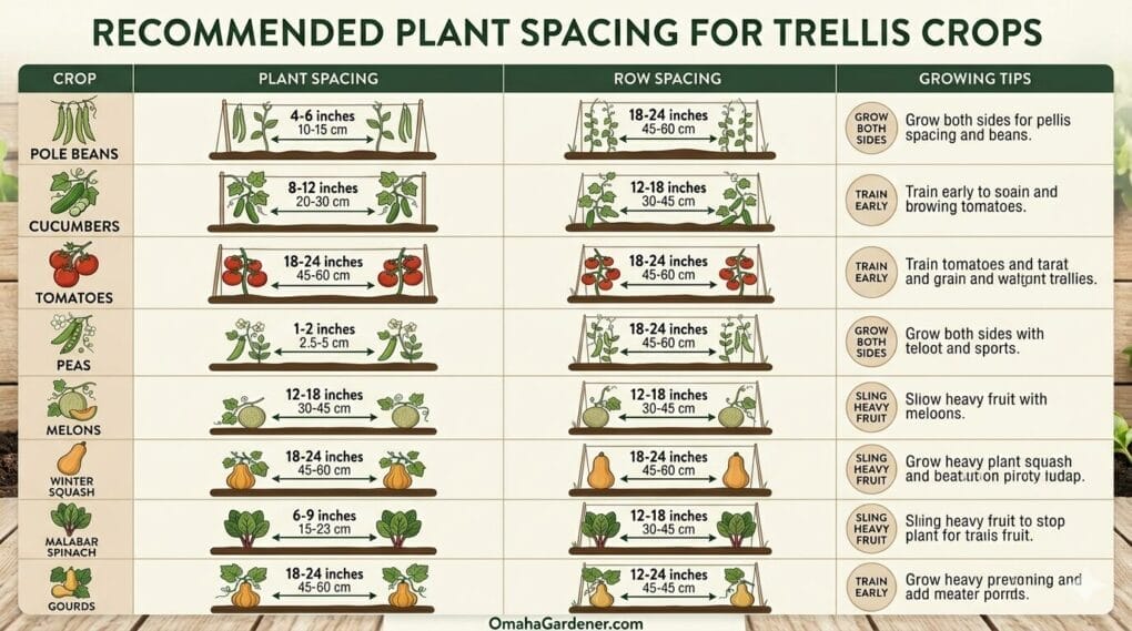 Chart titled "Recommended Plant Spacing for Trellis Crops" shows spacing and growing tips for pole beans, cucumbers, tomatoes, peas, melons, squash, malabar spinach, and gourds using a Cattle Panel Trellis, with illustrations for each crop. omahagardener.com