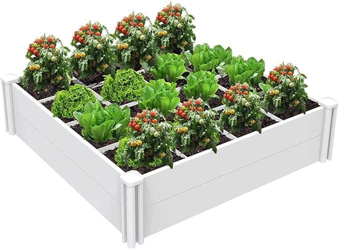 A white raised garden bed featuring a grid pattern embodies the Square Foot Gardening method, with each section brimming with green leafy vegetables and vibrant red tomato plants. omahagardener.com