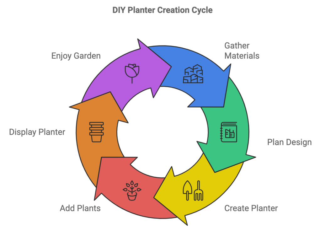 A circular flowchart titled "DIY Planter Creation Cycle" includes these steps: Gather Materials, Plan Design, Create Planter, Add Plants, Display Planter, and Enjoy Garden. omahagardener.com