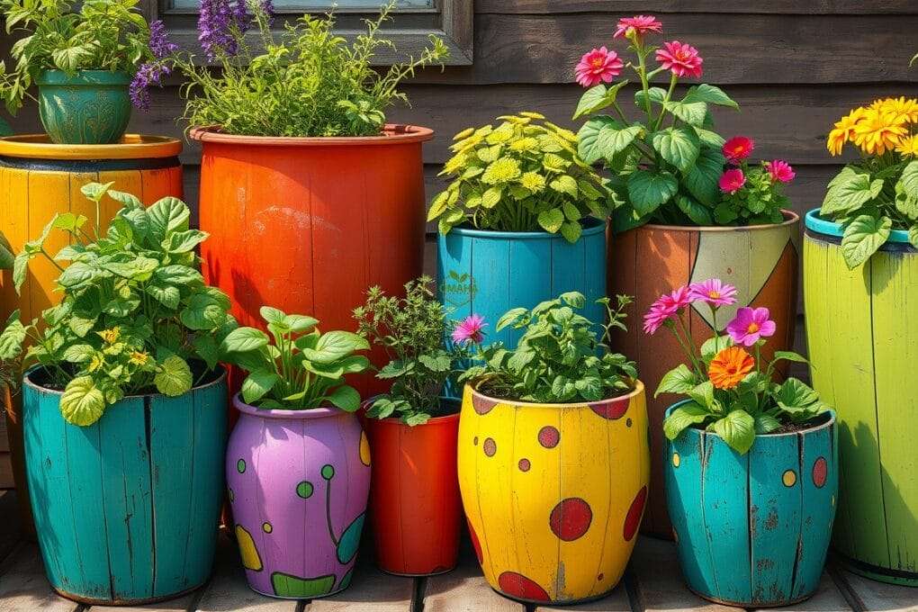 Colorful, painted pots with various plants and flowers are arranged against a brown wooden wall. omahagardener.com