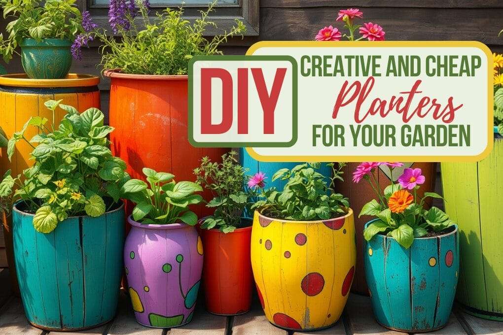 Colorful, hand-painted planters with various plants and flowers, accompanied by the text "DIY Creative and Cheap Planters for Your Garden. omahagardener.com