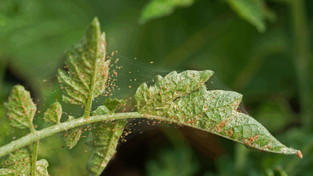 Close-up of a green leaf covered with small red mites and webbing, showing signs of pest infestation. omahagardener.com