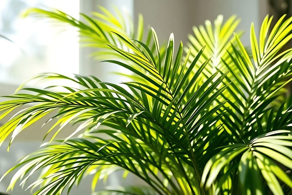 Close-up of Areca Palm leaves indoors with sunlight streaming through a nearby window, creating bright highlights and soft shadows—perfect inspiration for any growing guide. omahagardener.com