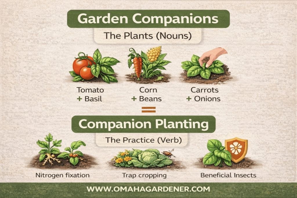 Garden Companions vs. Companion Planting: What's the Difference? 2 Illustration of garden companion planting, showing tomato with basil, corn with beans, and carrots with onions—a great companion planting guide highlighting benefits like nitrogen fixation, trap cropping, and beneficial insects. omahagardener.com
