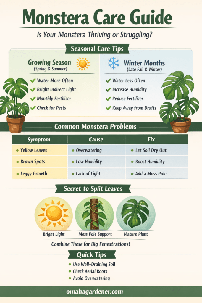 Why Is My Monstera Not Thriving? Monstera Care Fixes 3 Infographic detailing Monstera plant care tips, common problems with solutions, and advice for leaf splits and fenestration, separated by growing season and winter months. omahagardener.com